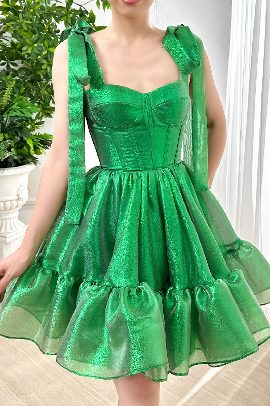 Corset Green Sparkly Organza Tiered Dress with Tie Straps